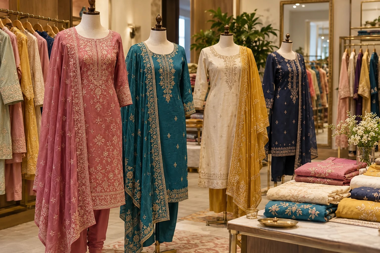 Chudidar sets and women’s tops in a textile showroom
